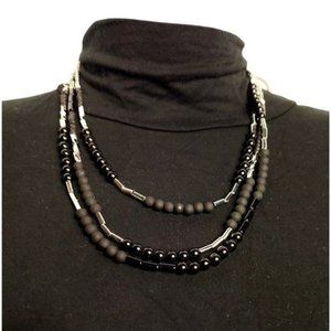 Laura Ashley Women's Three row link round black bead silver tone chain n…